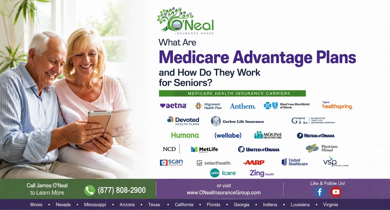Senior couple smiling and using a tablet with Medicare Advantage Plans info from O'Neal Insurance Group.