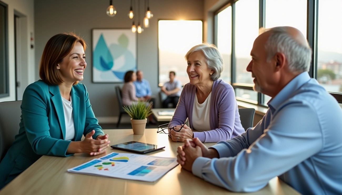 Three adults discussing Medicare plans at a sunlit office table with documents and a tablet in Las Vegas.