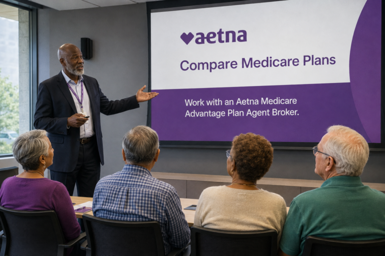 Home 4 Licensed agent helping a client compare Aetna Medicare Advantage and Medicare plans before enrolling