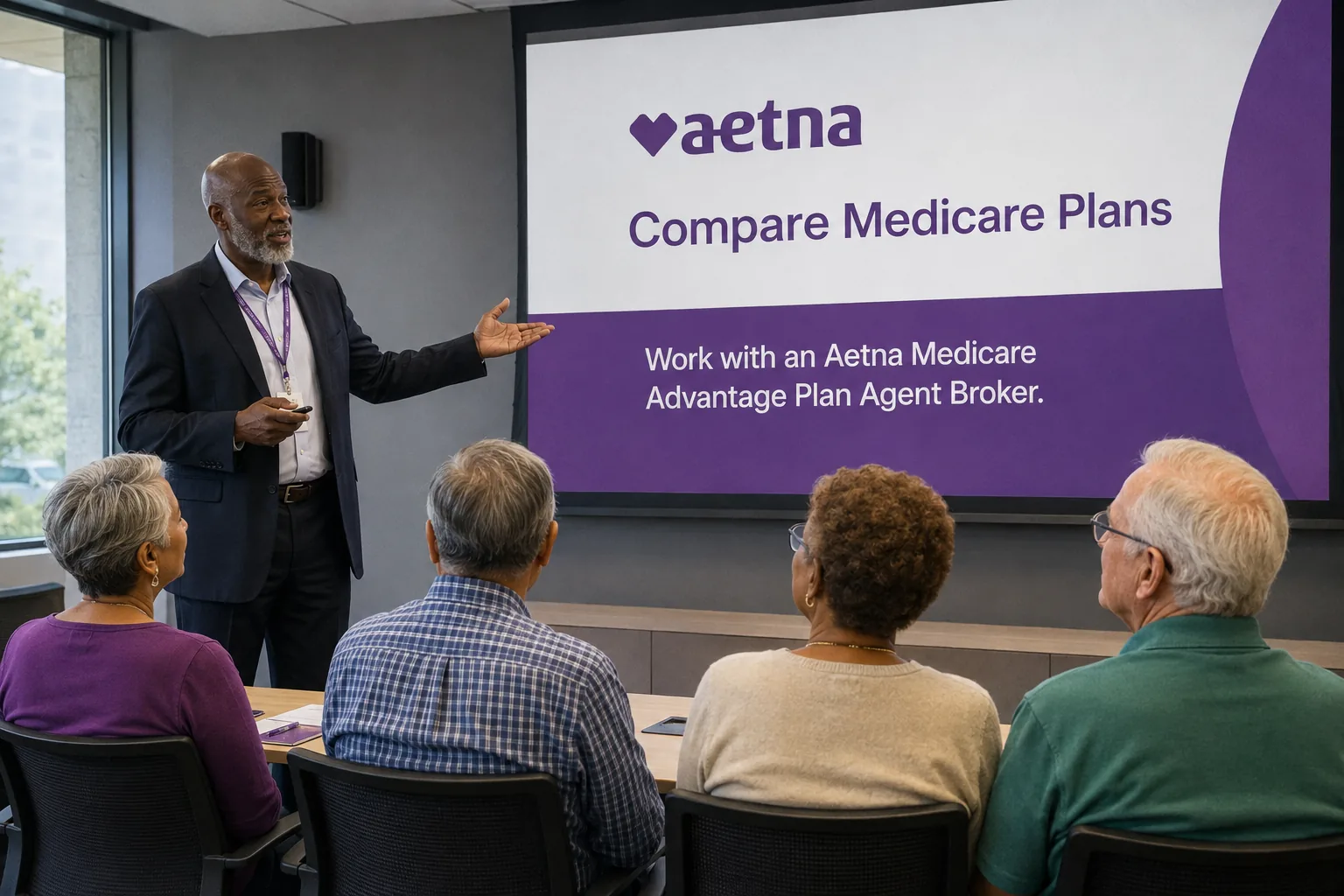 Home 4 Licensed agent helping a client compare Aetna Medicare Advantage and Medicare plans before enrolling