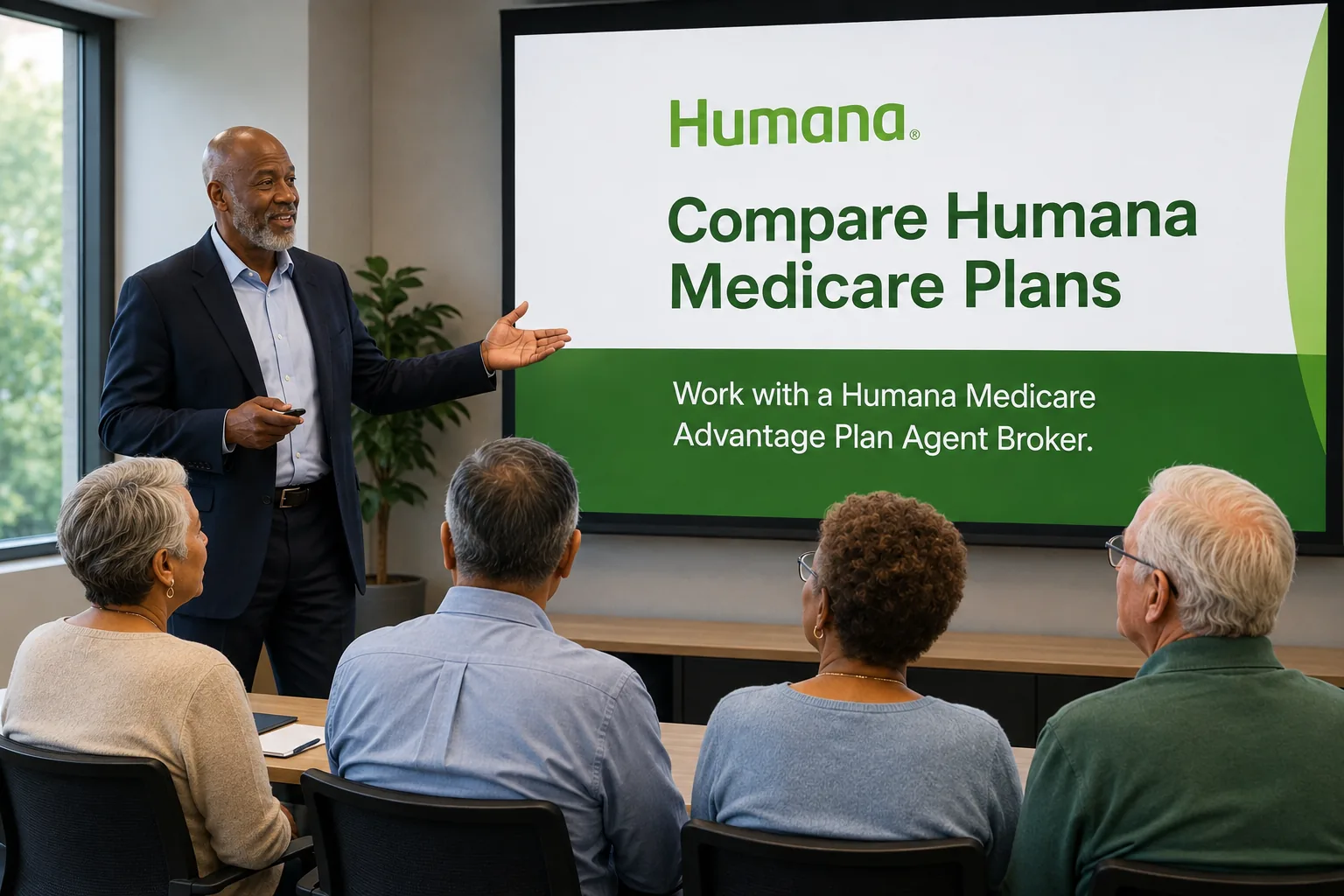 Home 5 Licensed agent helping a client compare Humana Medicare Advantage and Medicare plans before joining