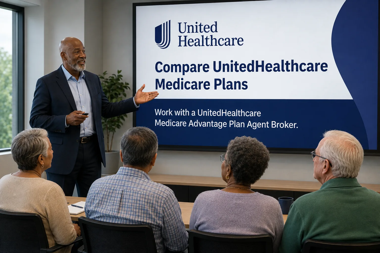Home 6 Black licensed agent helping a client compare AARP UnitedHealthcare Medicare Advantage and supplement plans