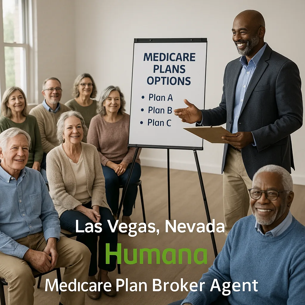 Show a group ten mix race individuals or couple ages 60–75 setting at and educational event the presenter is Medicare broker black male age 55+ 6 ft 2 and 1/2 in and fit, bald graying beard reviewing Medicare Plans Options. They all look healthy, confident, reassured, and optimistic. With authentic expressions, realistic skin, age-appropriate features, accurate hands, and natural proportions. Add Humana Logo and text underlay: “Las Vegas, Nevada Humana Medicare Plan Broker Agent help comparing coverage,