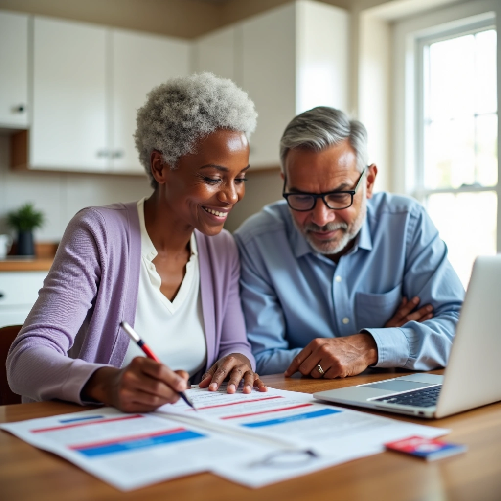 Smiling mature couple reviews Medicare documents together at a table with a laptop in a bright kitchen.