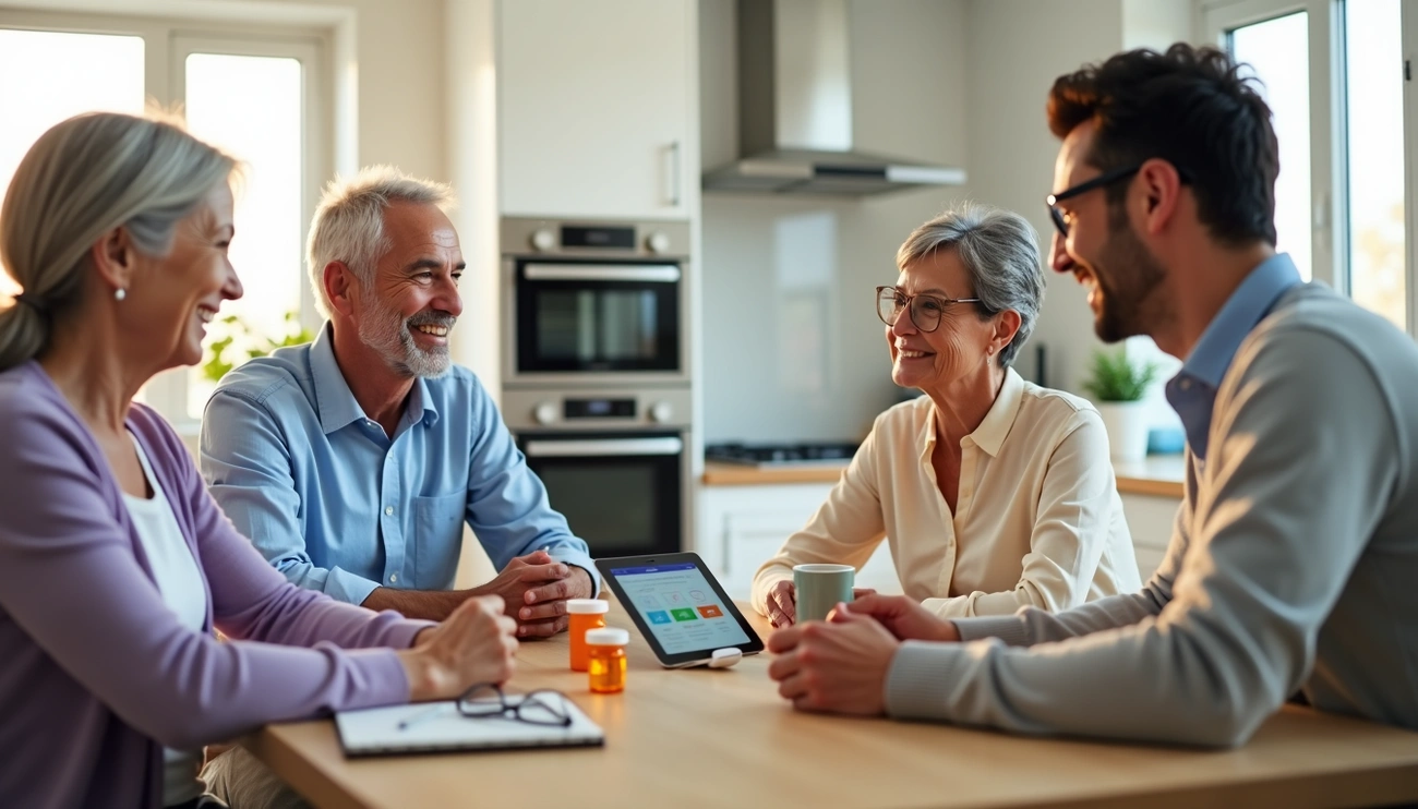 Four adults sitting around a table discussing health plans with prescription bottles and a tablet in a bright kitchen.