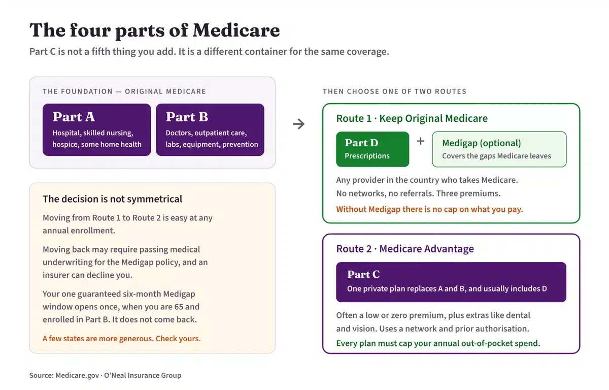 Diagram showing Part A and Part B as Original Medicare, then the two routes: keeping Original Medicare with a Part D drug plan and optional Medigap, or taking a Medicare Advantage Part C plan that replaces A and B.