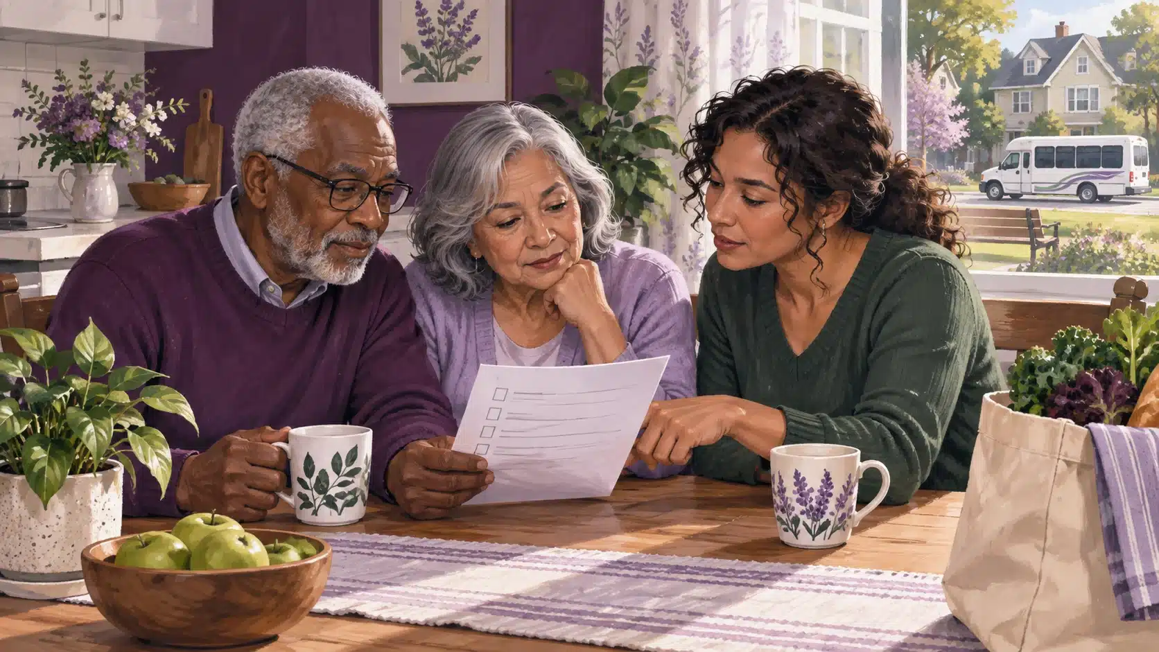 Illustration of an older couple reviewing a benefits checklist with a family member, with groceries nearby.
